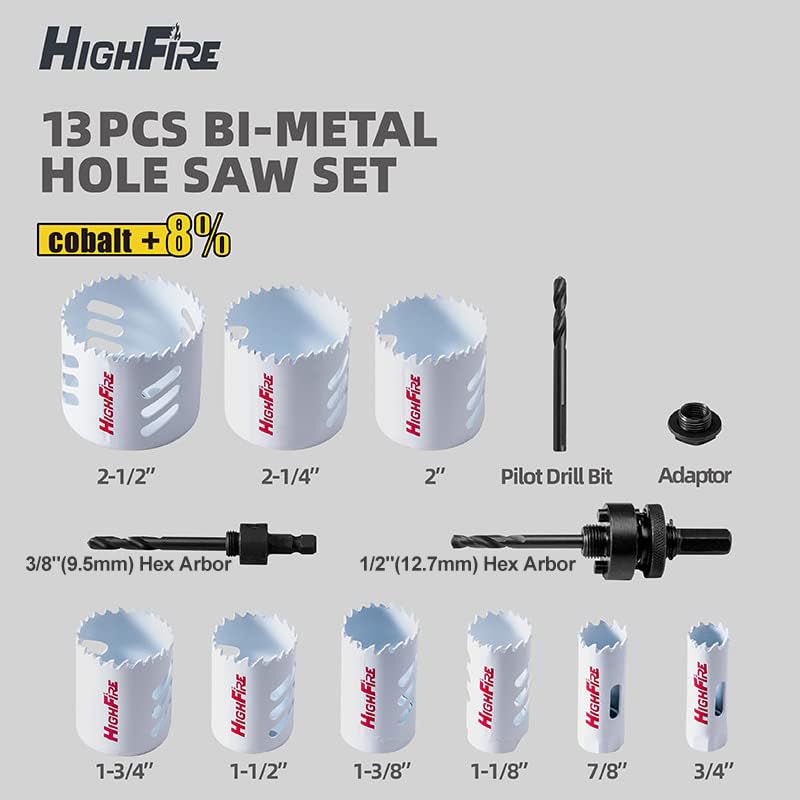 Highfire 13pcs Hole Saw Set,Bi-Metal Hole Saw Kit, M42 Bi-Metal Hole Cutter Set with General Purpose 3/4" to 2-1/2" - Image 4